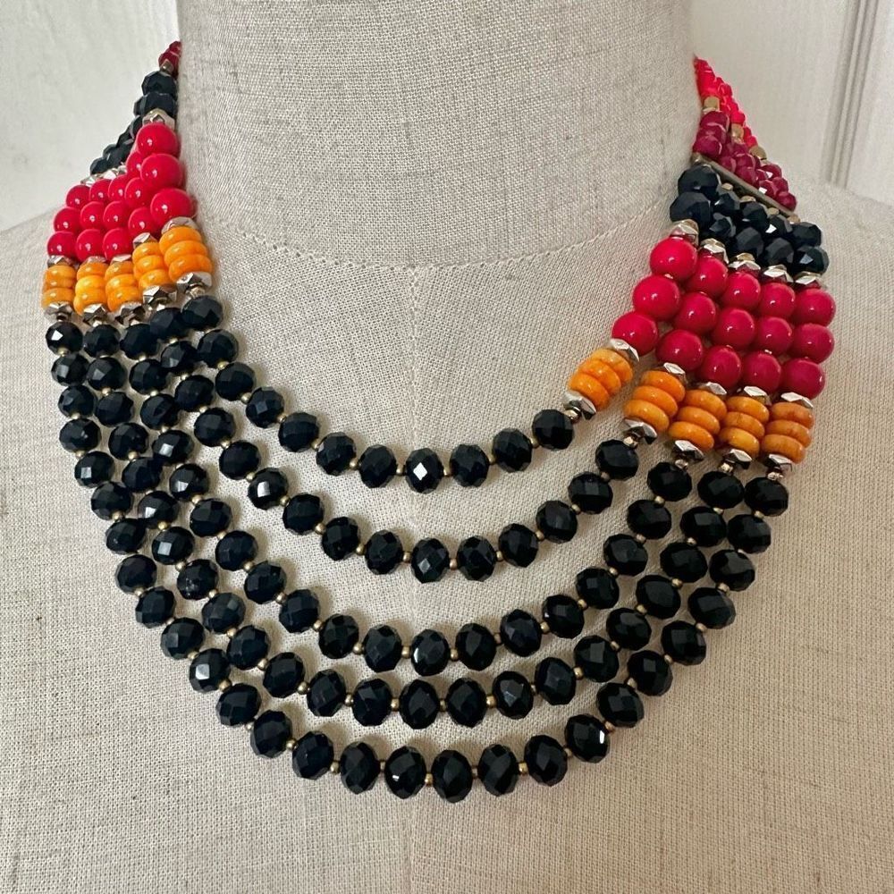 Nakamol multi strand red black and orange statement necklace
